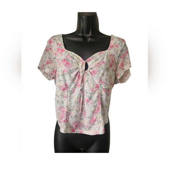 Just Polly New York - Women's XL Pink Flutter Sleeve Crop Blouse with Tie Front - Picture 1 of 7